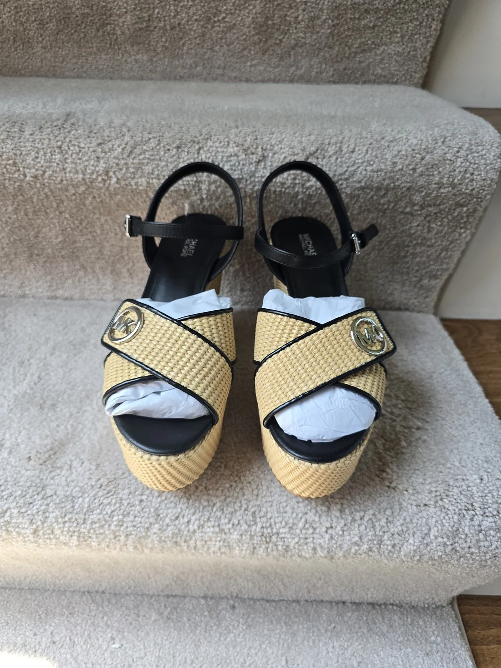 Michael Kors Black & Natural Woven Platform Wedge Sandals with MK Medallion